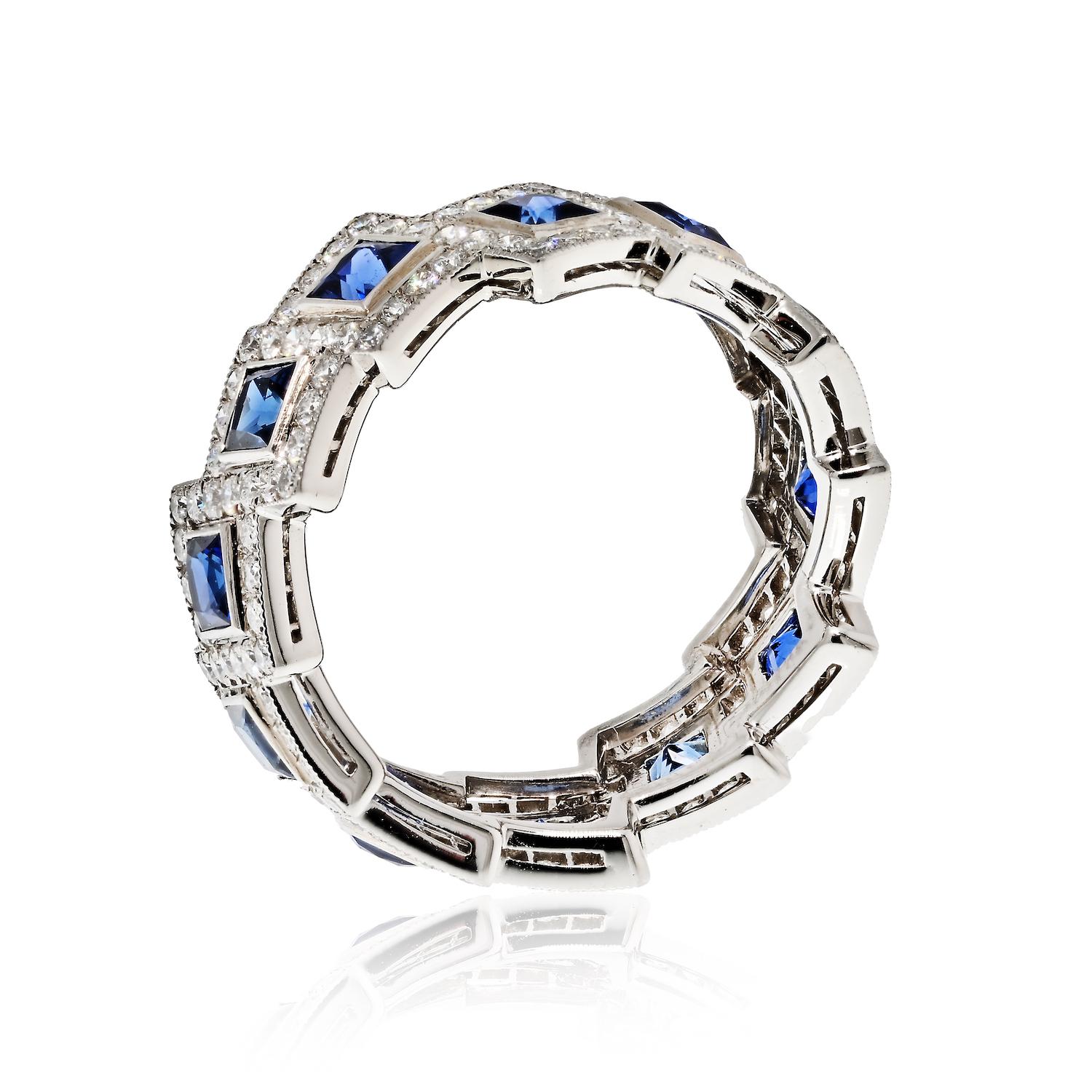 A Twist on Tradition: Sapphire and Diamond Eternity Band.

This ring is more than just an eternity band; it's a captivating twist on tradition. Crafted with square-cut sapphires of a deep, enchanting blue hue and brilliant round-cut diamonds, all