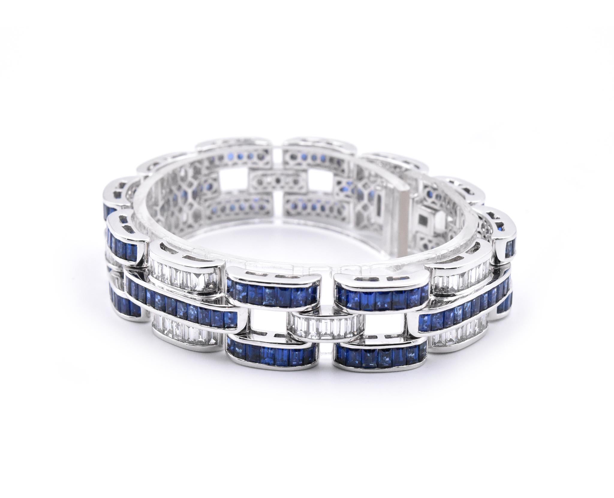 Baguette Cut Platinum Sapphire and Diamond Link Bracelet