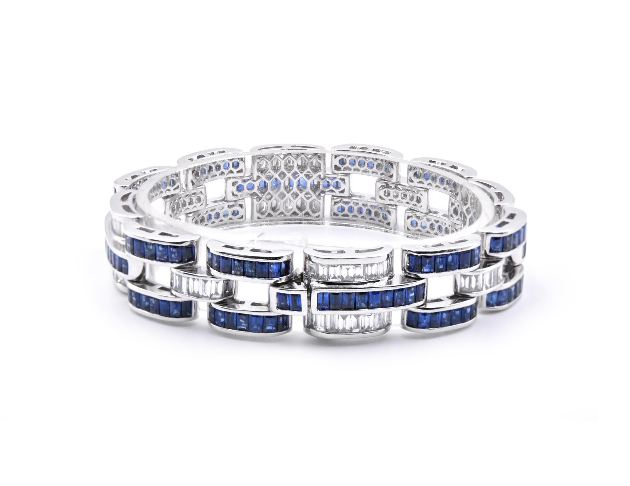 Platinum Sapphire and Diamond Link Bracelet In Excellent Condition In Scottsdale, AZ