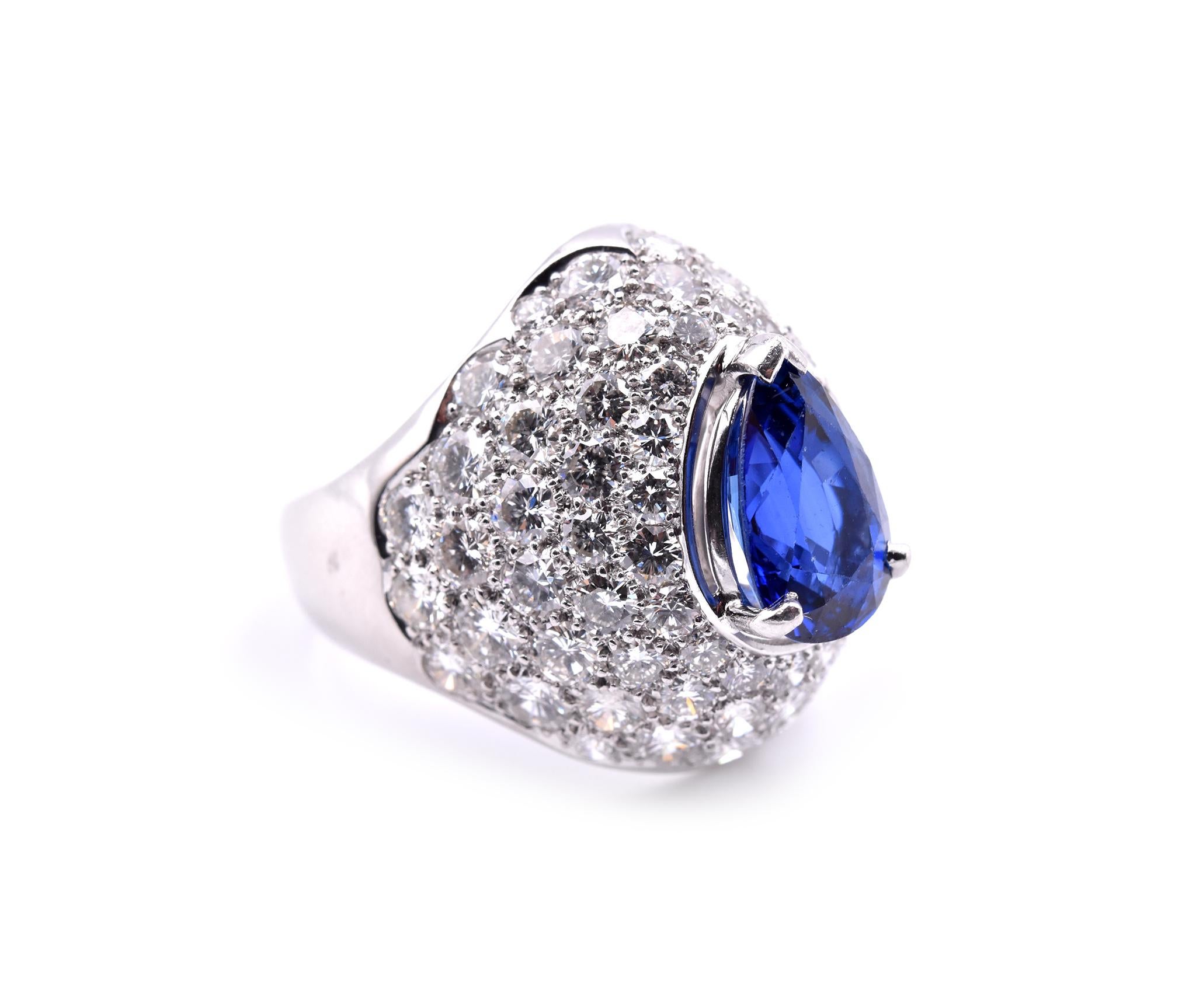 Designer: custom design
Material: platinum
Sapphire: pear cut= 3.25ct
Diamonds: 70 round brilliant cut= 4.56cttw
Color: G
Clarity: VS
Size: 6 ½ (please allow two additional shipping days for sizing requests)
Dimensions: ring is approximately 23.00mm