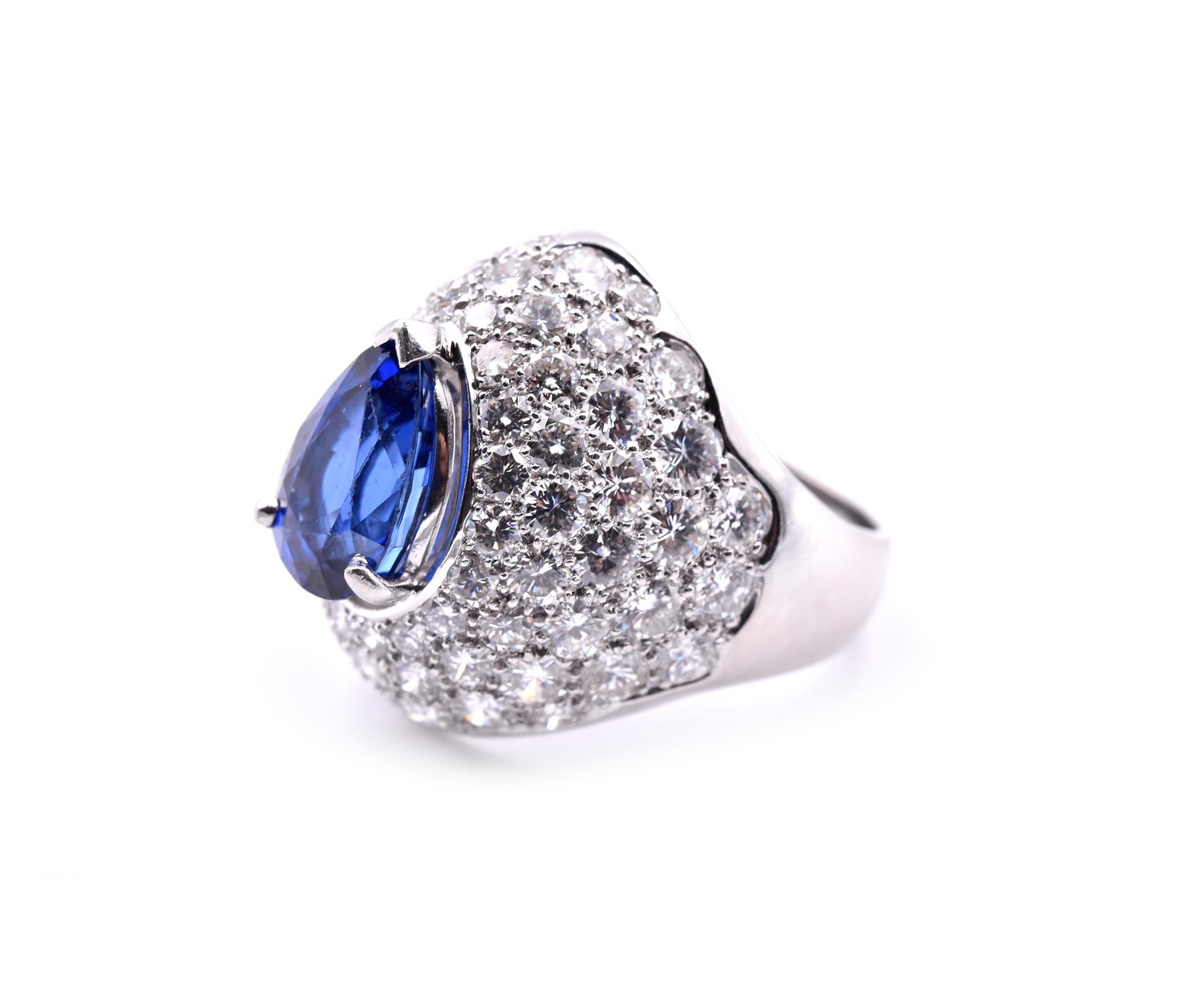 Pear Cut Platinum Sapphire and Diamond Ring For Sale