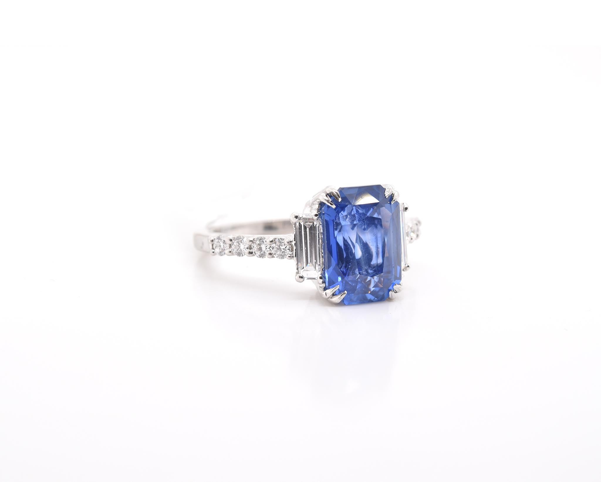 Radiant Cut Platinum Sapphire and Diamond Ring