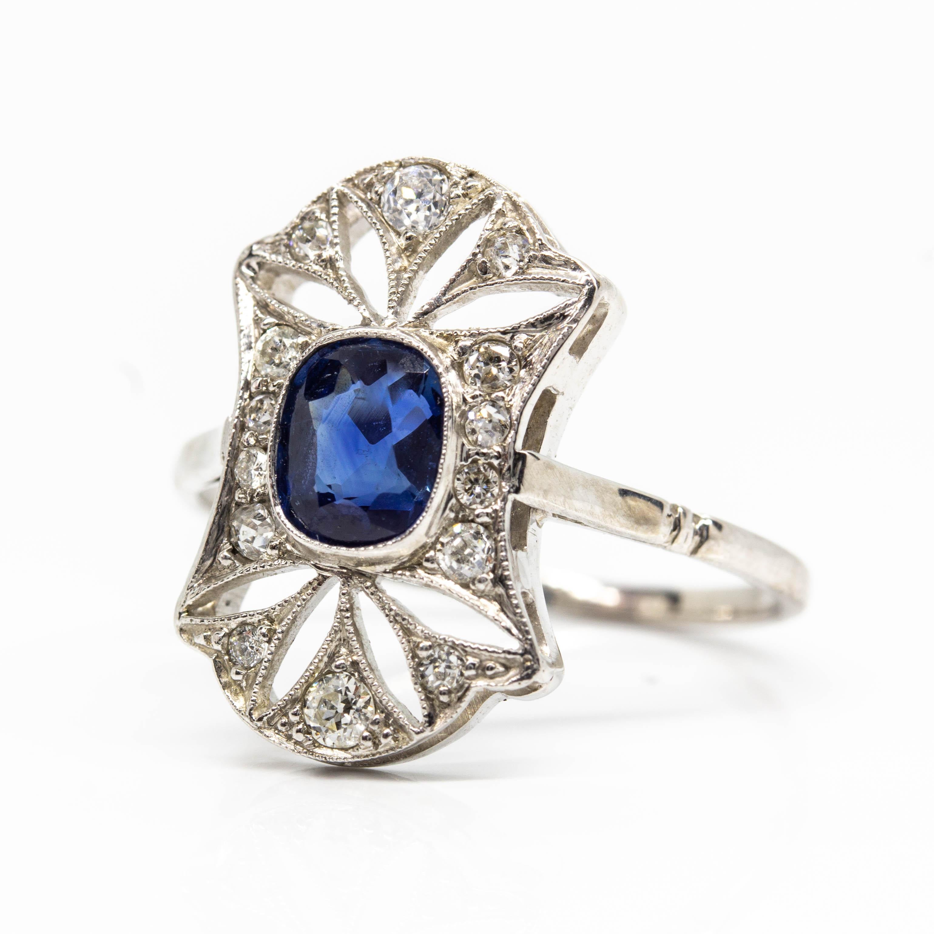 Old Mine Cut Platinum Sapphire and Diamond Ring For Sale