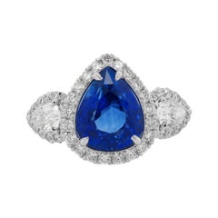 Platinum Sapphire and Diamond Ring with Pear Shape 3.15 Blue Sapphire