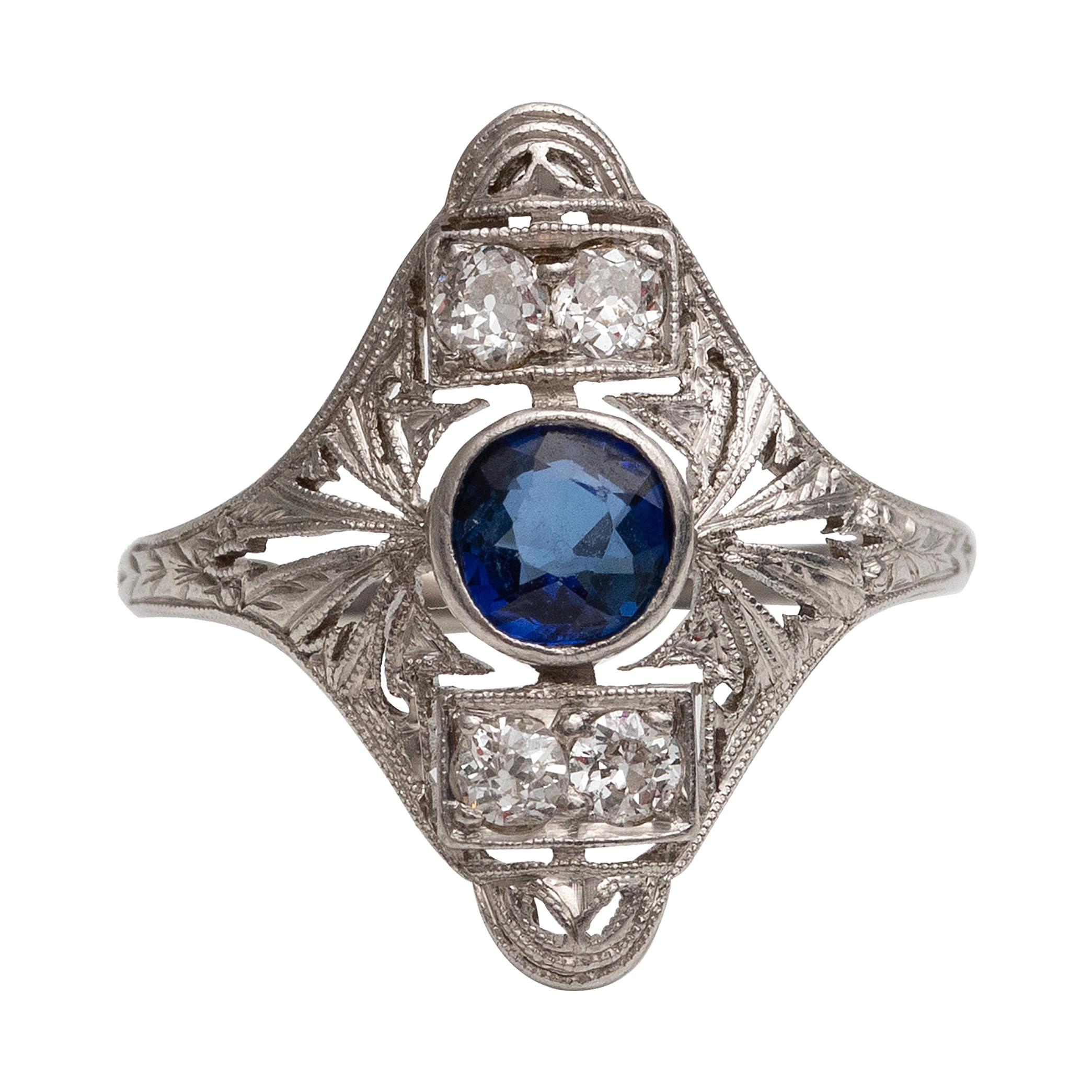 Platinum Sapphire and Diamond Shield Ring, #190072102, circa 1920s