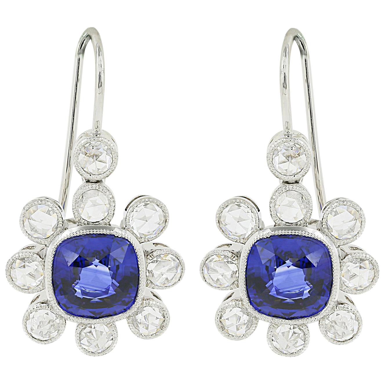 Platinum Sapphire and Diamond Vintage Style Drop Earrings For Sale