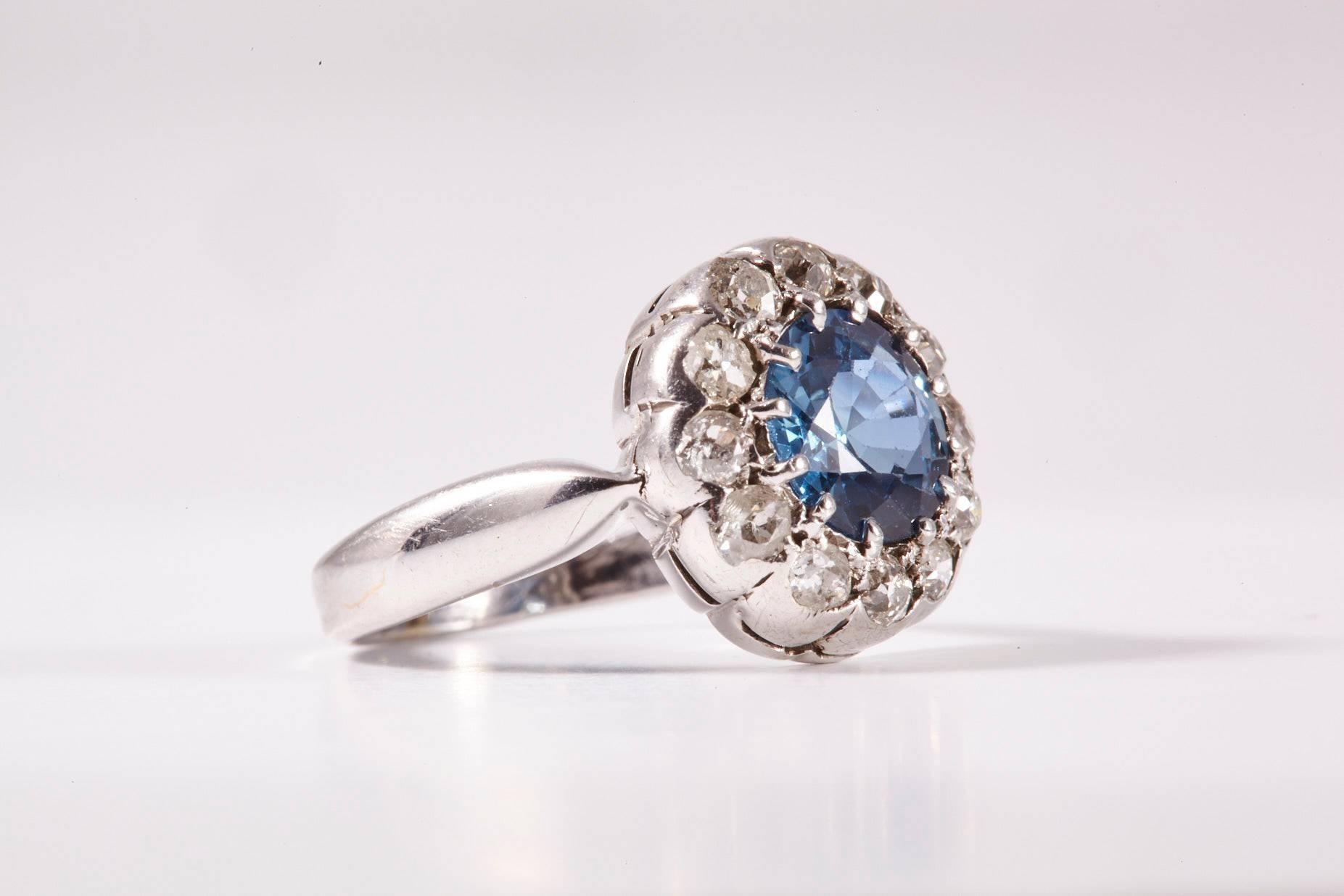 Old Mine Cut Platinum Sapphire and Diamonds Antique Ring For Sale