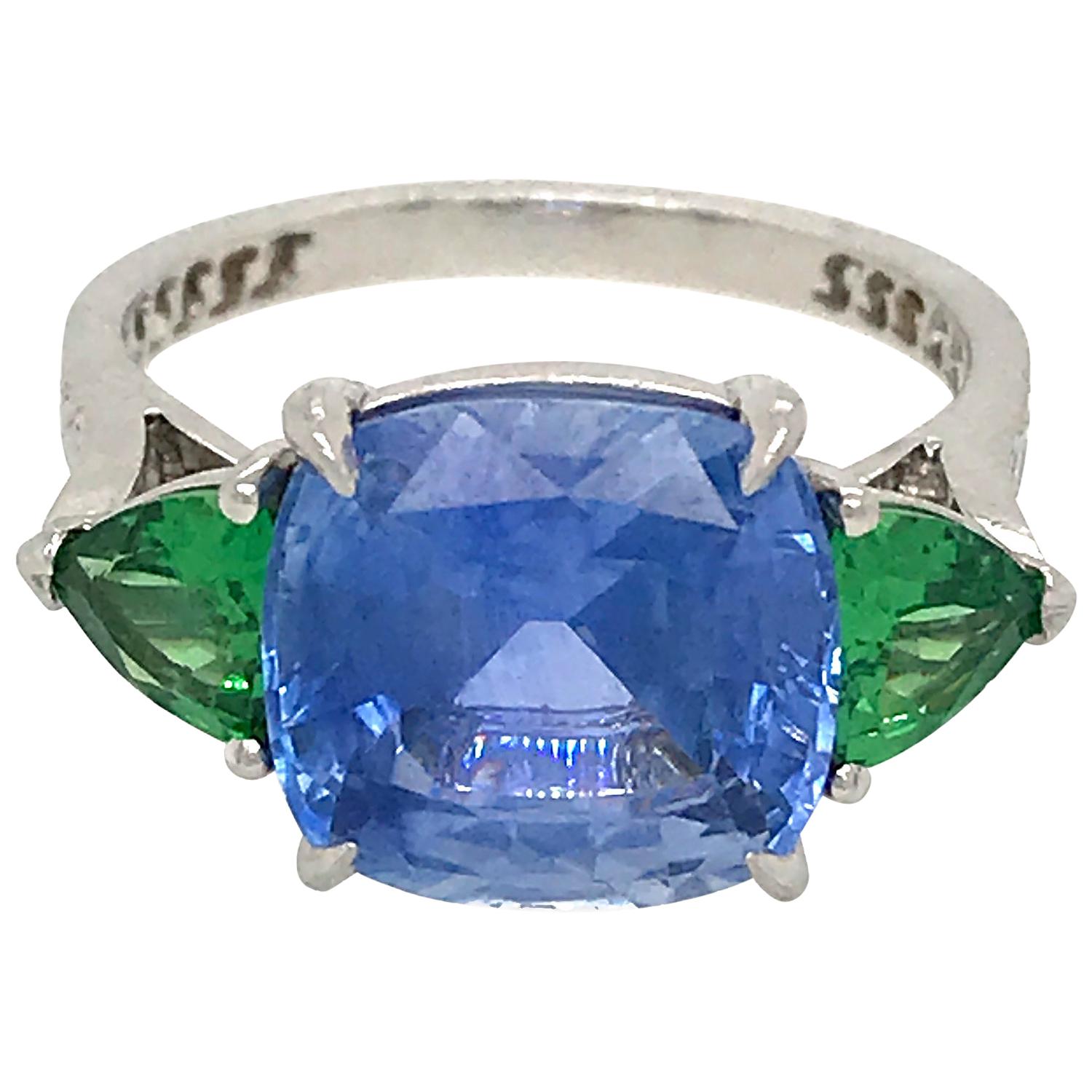 Platinum Sapphire and Tsavorite Garnet 3-Stone Ring