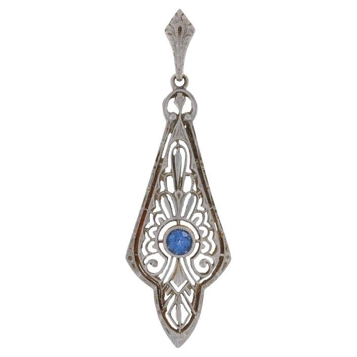 Platinum Sapphire Art Deco Solitaire Filigree Pendant - 14k Round .16ct Vintage For Sale