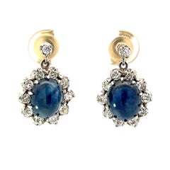 Platinum Sapphire Cabochon Rosetta Diamond Dangle Earrings