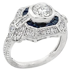 Platinum Sapphire & Diamond Art Deco Inspired Shield Ring, Round Center Diamond