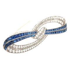 Platinum Sapphire Diamond Bow Brooch