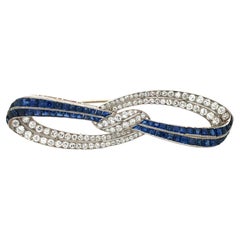 Platinum Sapphire Diamond Bow Brooch