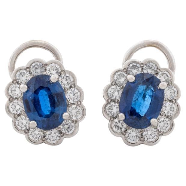 Platinum Sapphire Diamond Clip Earrings For Sale