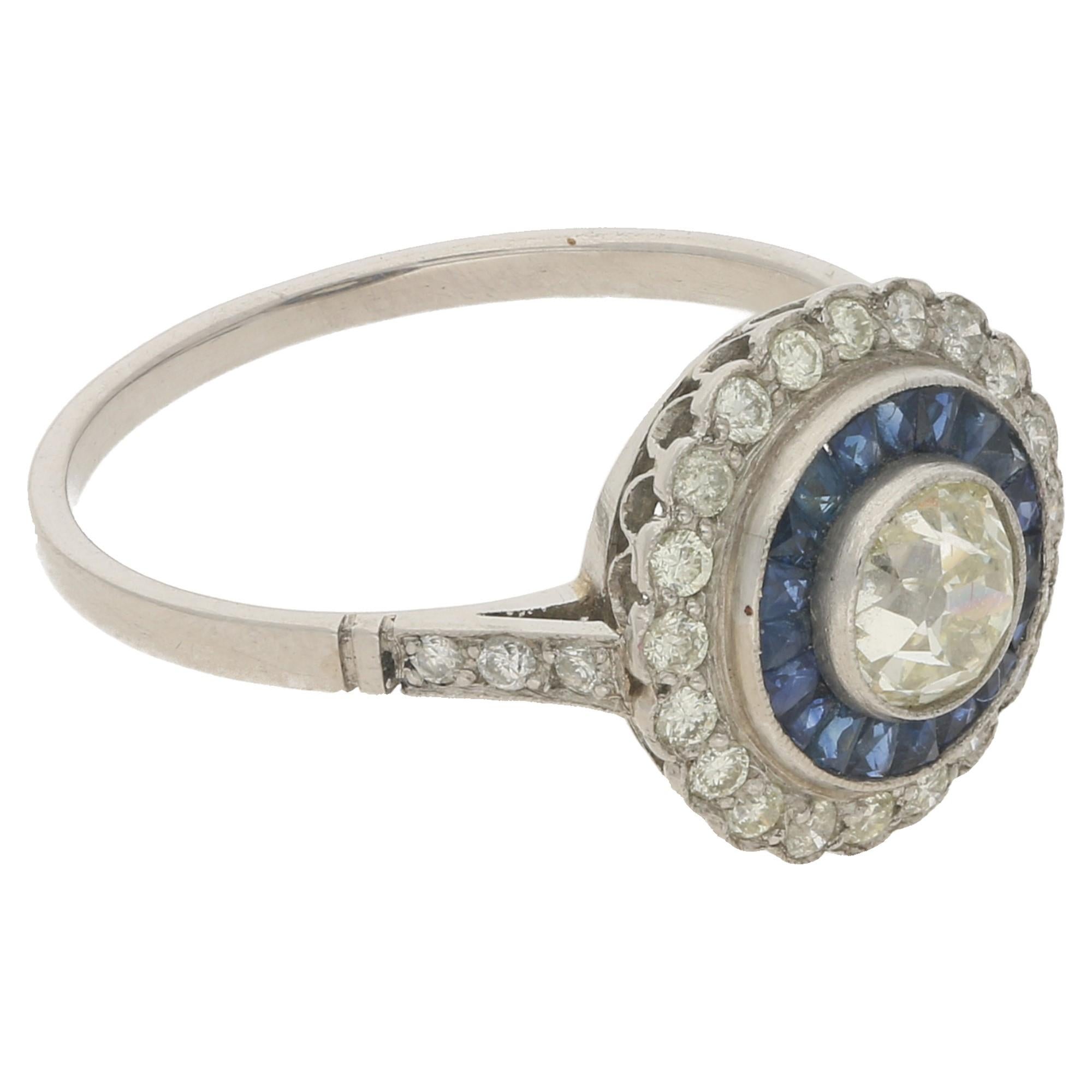 Women's or Men's Platinum Sapphire Diamond Cluster Engagement Ring