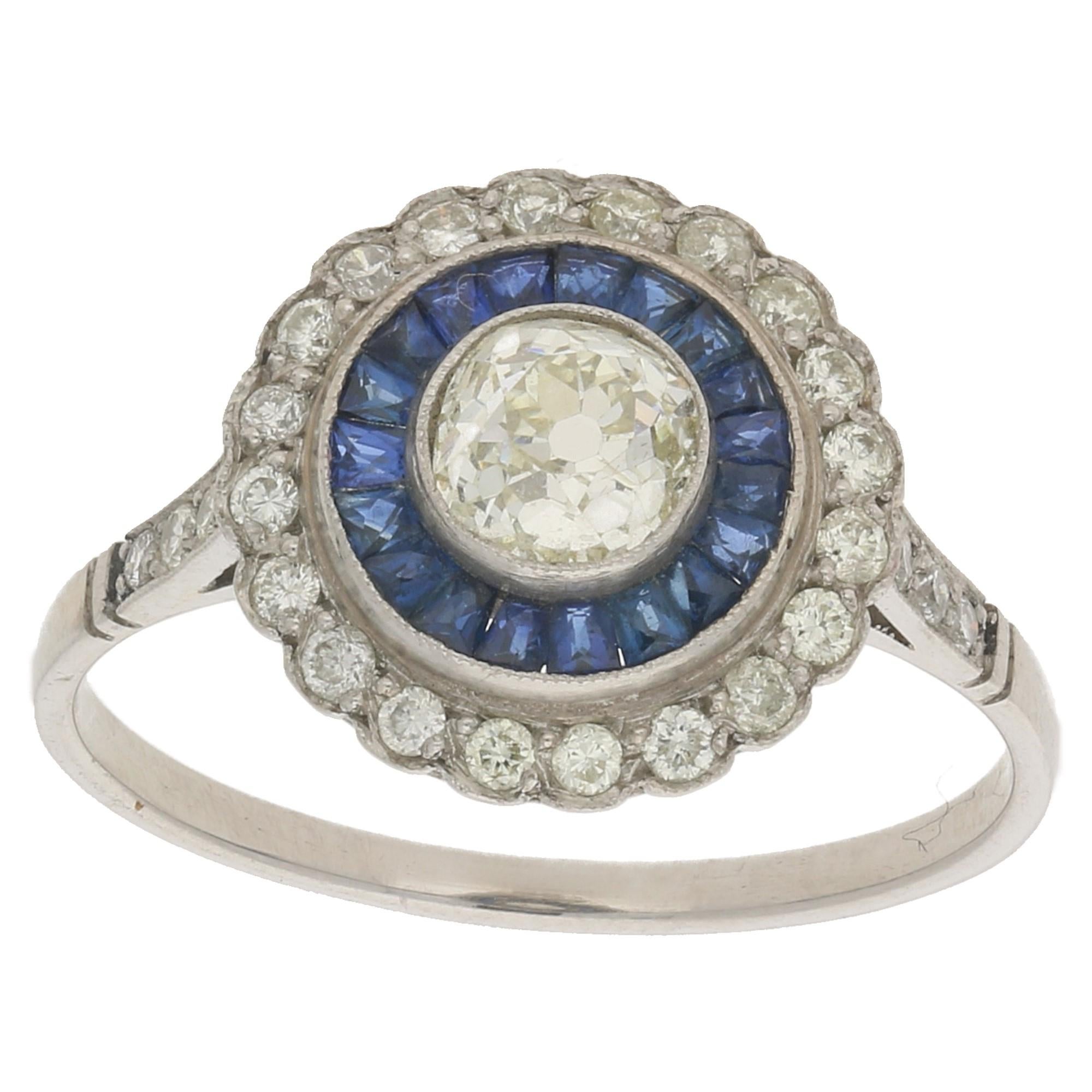 Platinum Sapphire Diamond Cluster Engagement Ring