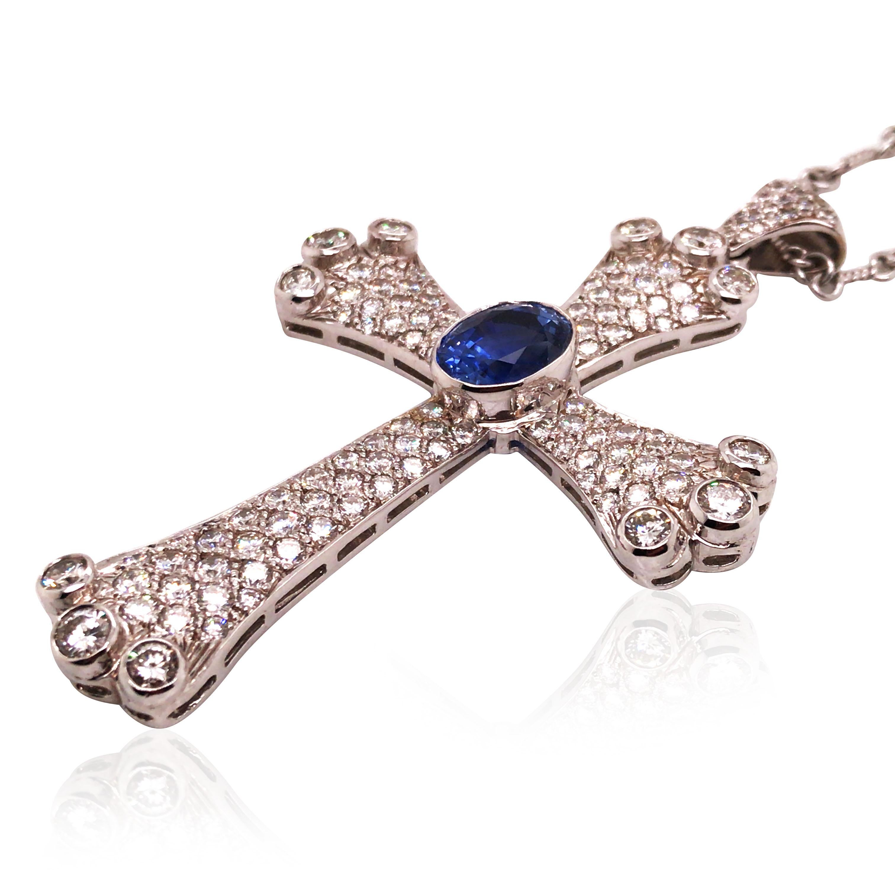 Oval Cut Platinum Sapphire Diamond Cross Pendant Necklace For Sale