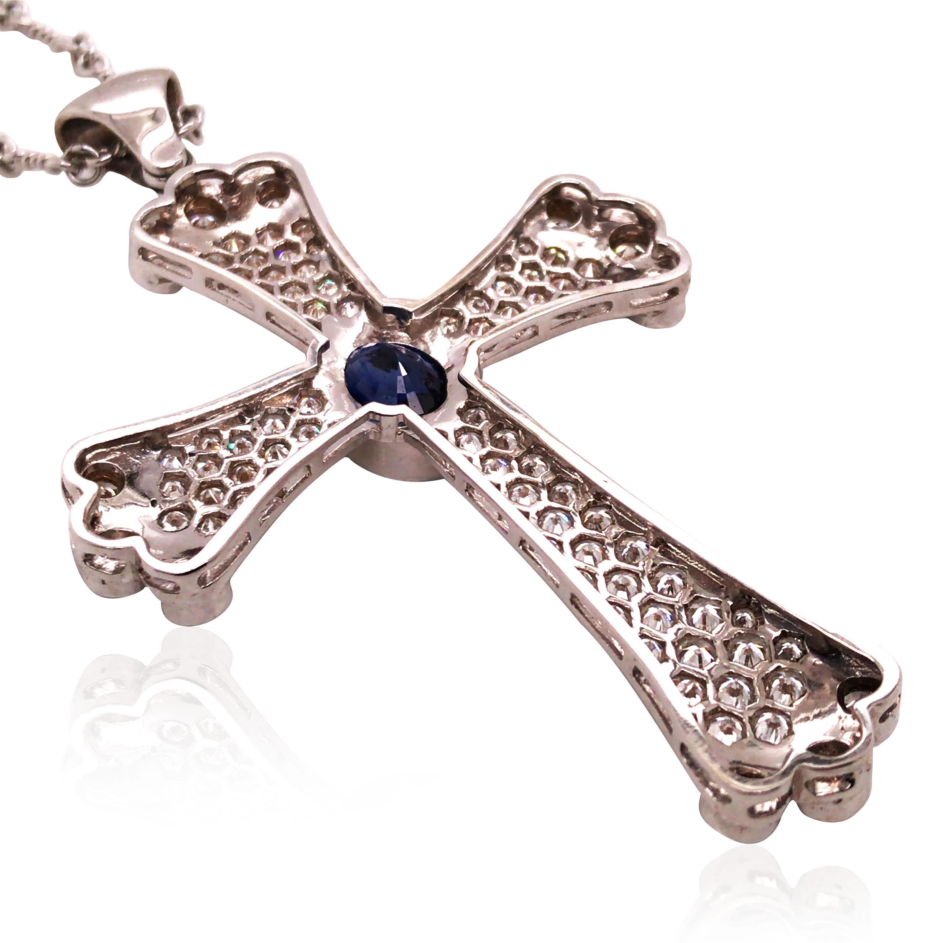 Platinum Sapphire Diamond Cross Pendant Necklace In Good Condition In New York, NY