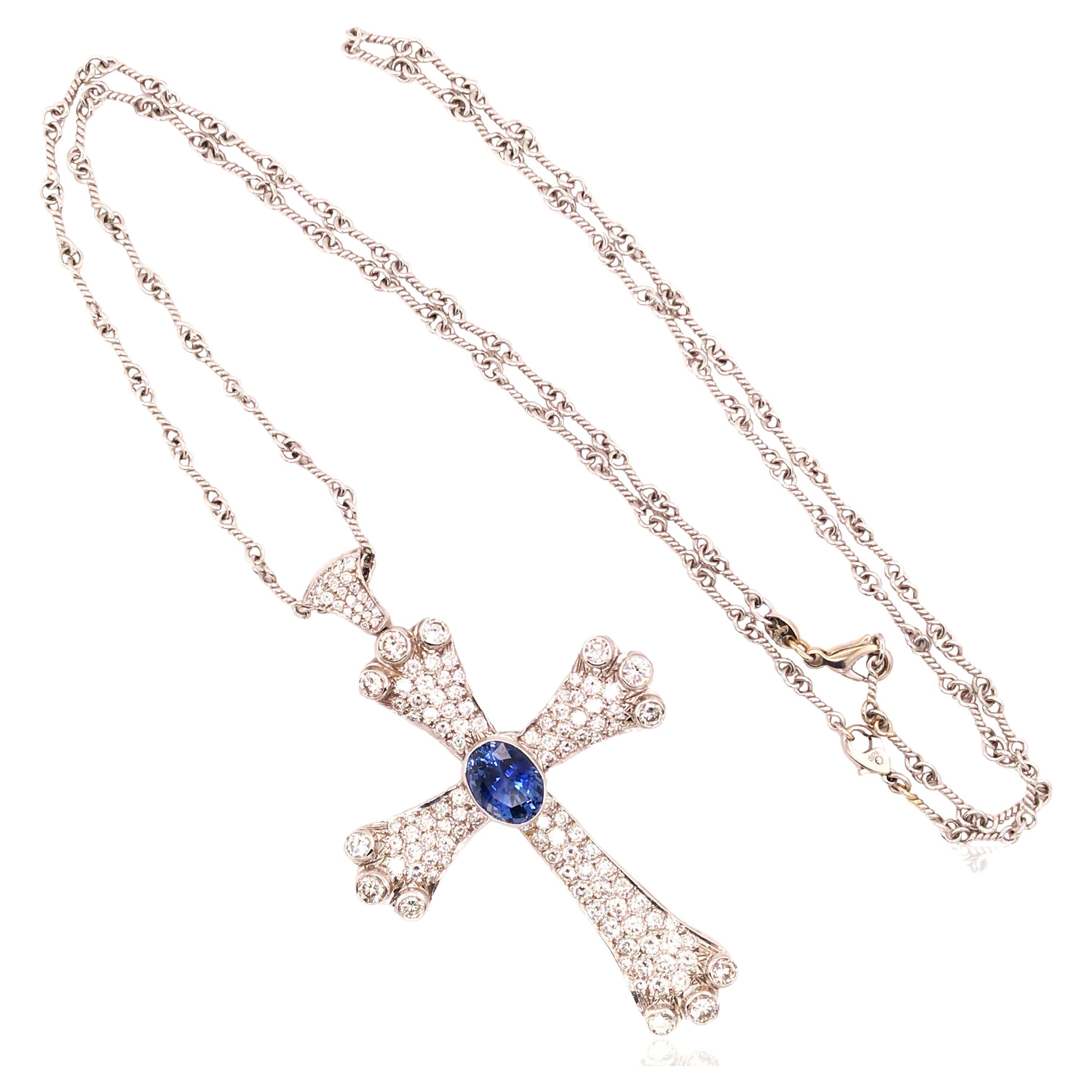Platinum Sapphire Diamond Cross Pendant Necklace