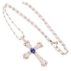 Vintage Platinum Sapphire Diamond Cross Pendant Necklace