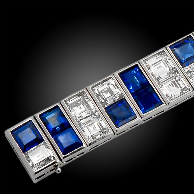 Round Cut Platinum Sapphire Diamond Double Line Bracelet