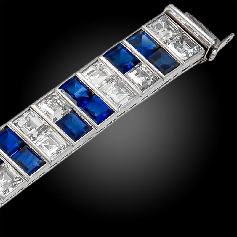 Platinum Sapphire Diamond Double Line Bracelet In Good Condition In New York, NY