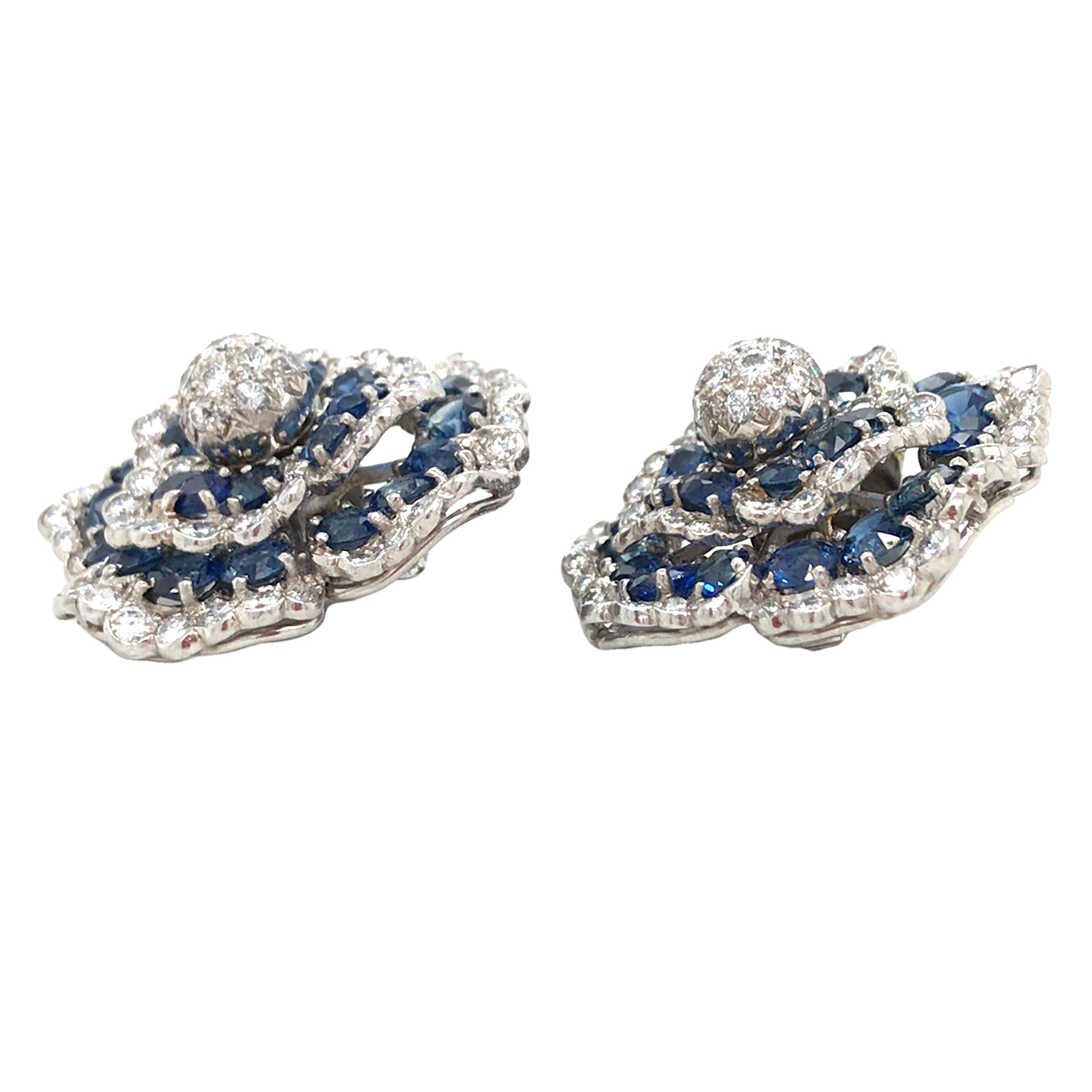 Round Cut Platinum Sapphire Diamond Flower Earrings