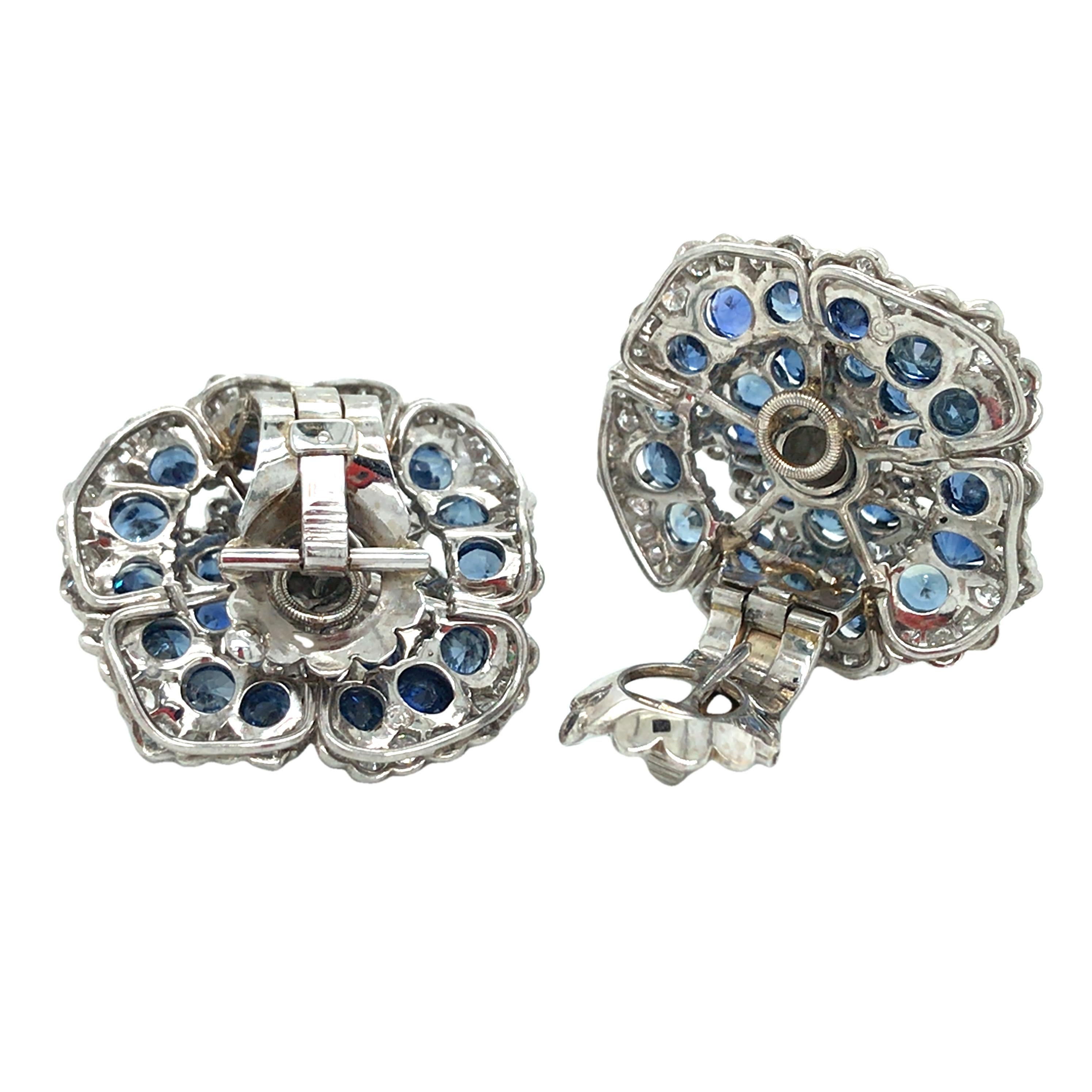 Platinum Sapphire Diamond Flower Earrings In Good Condition In New York, NY