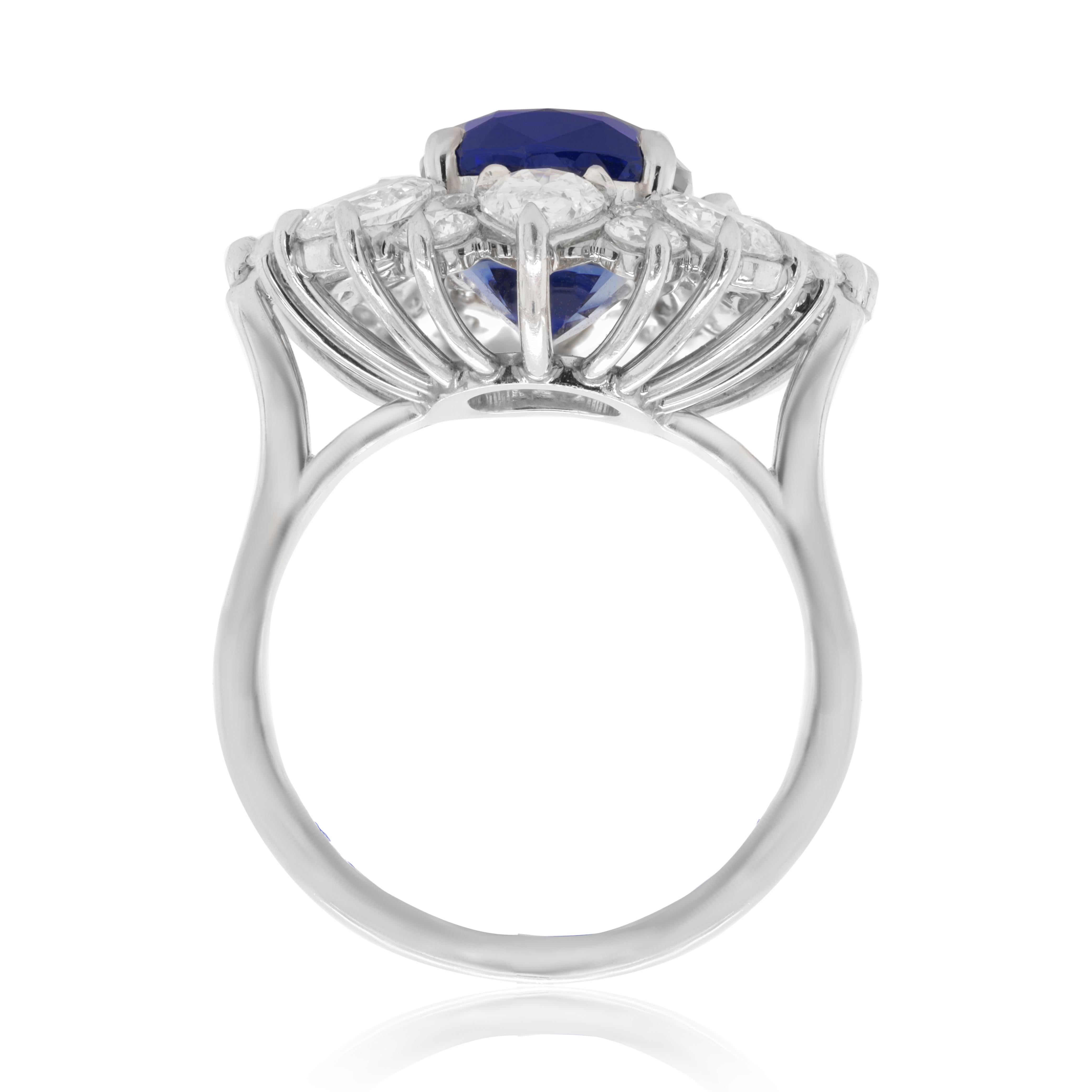Platinum sapphire diamond ring with center gia certified natural burma blue cushion cut sapphire 5.98ct set with pear shape and round diamonds (3.04ct) all the way around. no heat.

Diana M. is a leading supplier of top-quality fine jewelry for over