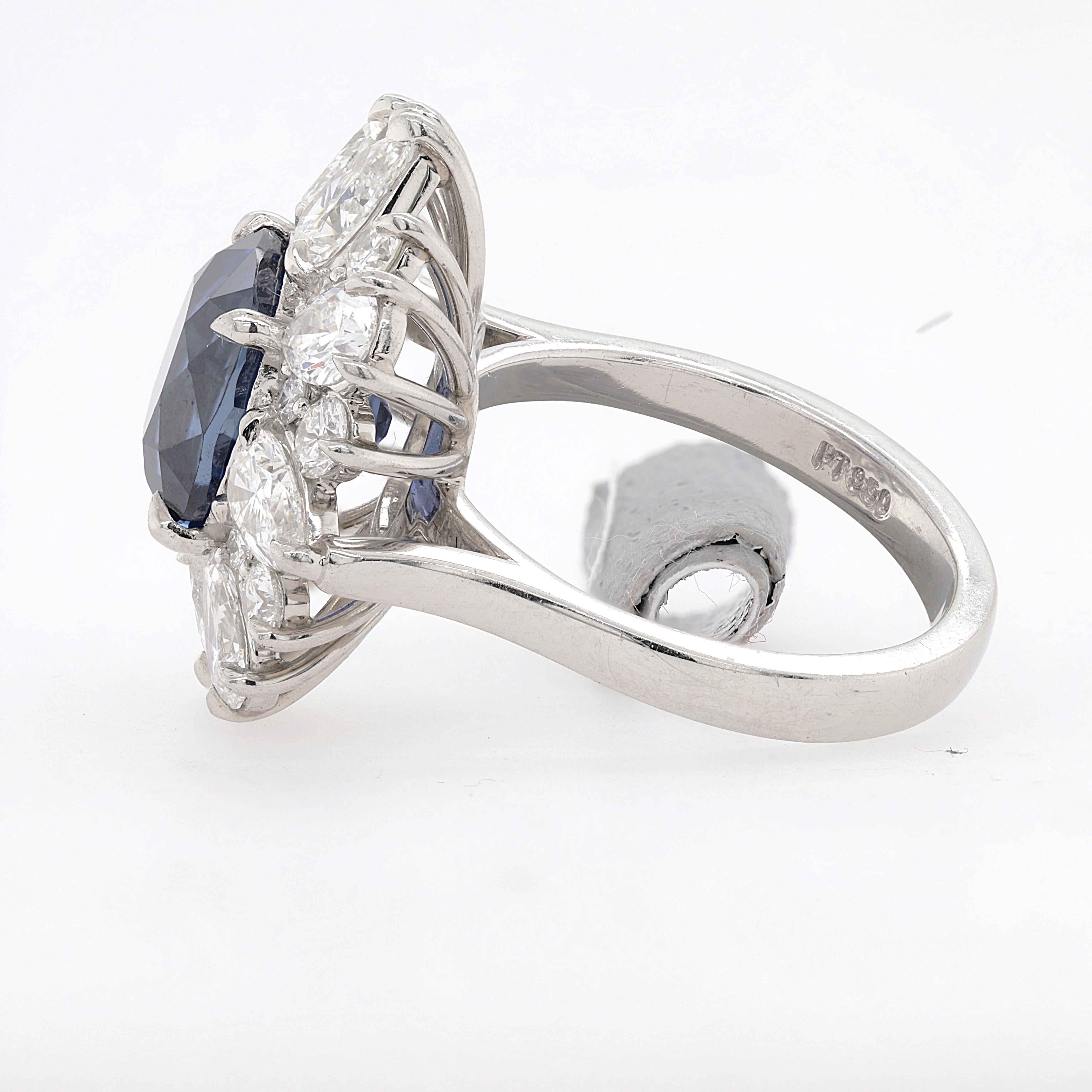 Antique Cushion Cut Platinum Sapphire Diamond Ring with Pear Shape For Sale