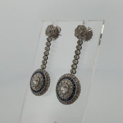 Platinum Sapphire & Old European Natural Diamond Halo Drop Earrings 3.00CTW