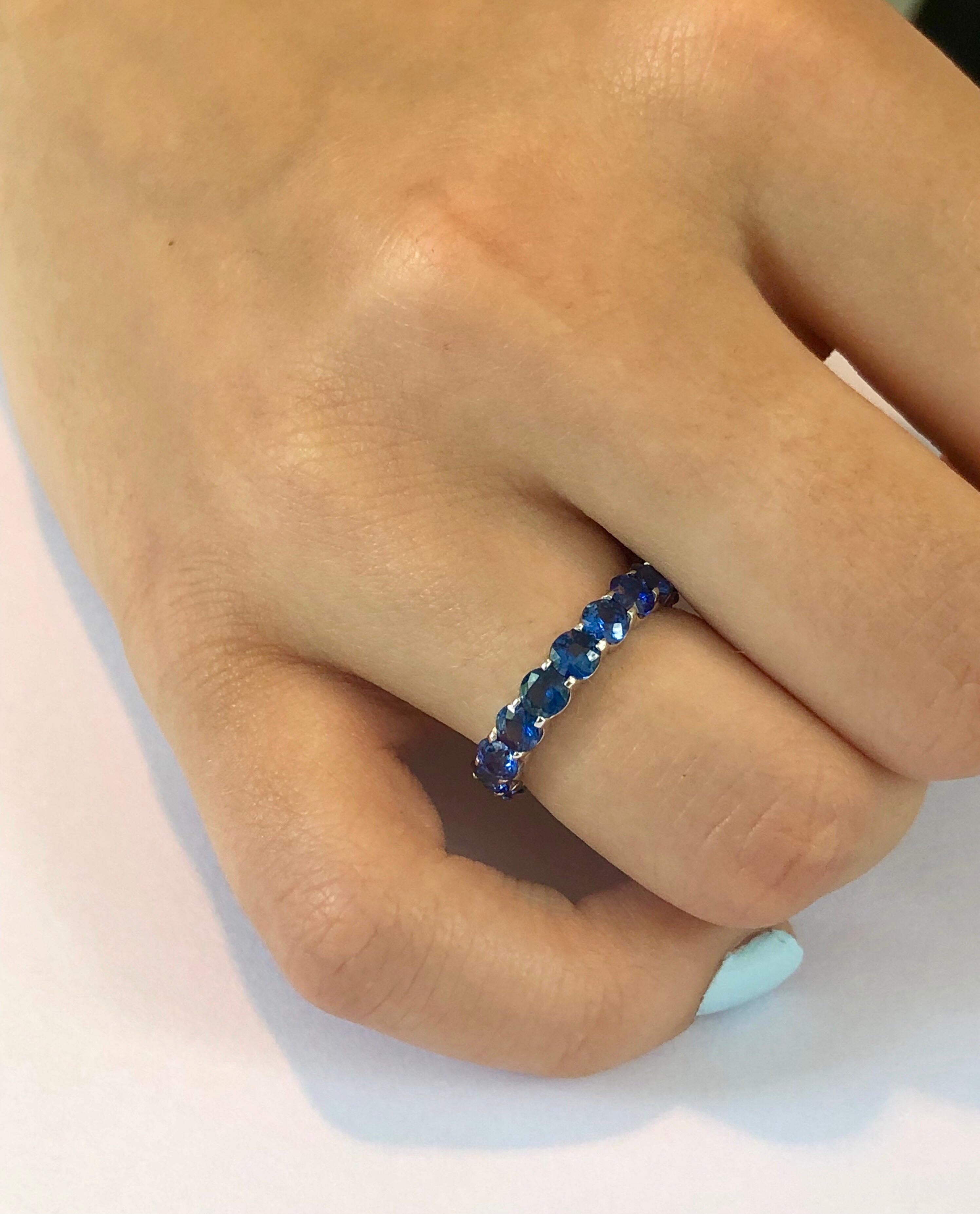 Platinum eternity ring with round cut sapphire prong-set. 
Sapphires weighing 4.50 carat 
Sapphire stone size 3.5 millimeter 
Ring size 6
New Ring
Handmade in USA
Our team of graduate gemologists carefully hand-select every diamond and gemstone
Our