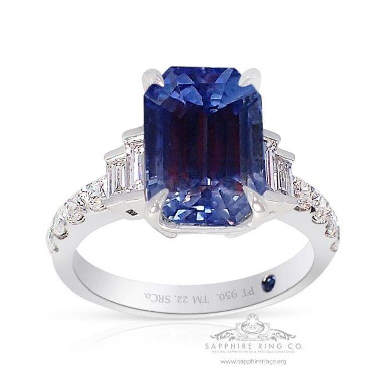 Emerald Cut Platinum Sapphire Ring, 5.03 Carat Emerald Ceylon Natural Sapphire GIA Certified For Sale