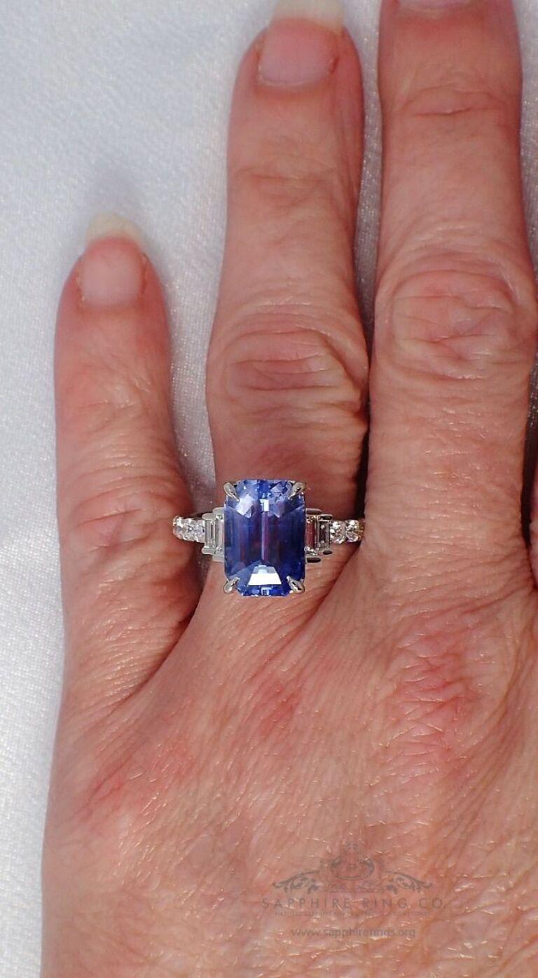 Women's Platinum Sapphire Ring, 5.03 Carat Emerald Ceylon Natural Sapphire GIA Certified For Sale