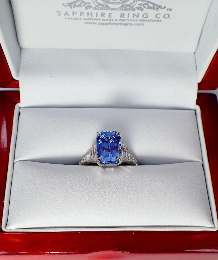 Platinum Sapphire Ring, 5.03 Carat Emerald Ceylon Natural Sapphire GIA Certified For Sale 4
