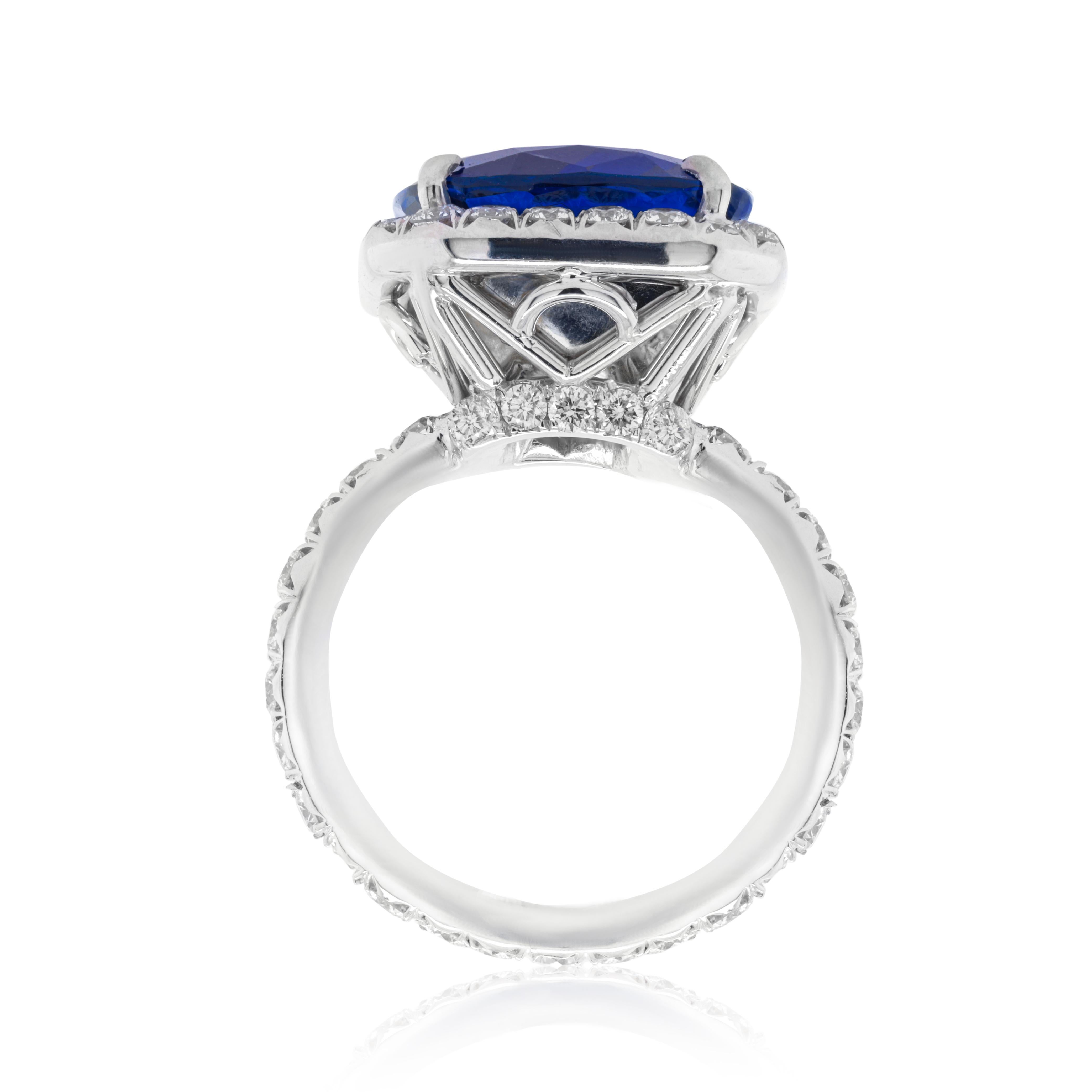 Platinum Sapphire Ring with unheated 13.42ct Cushion cut, Ceylon Sapphire. Surrounded by 1.50ct of diamonds. Sapphire is certified by GRS
