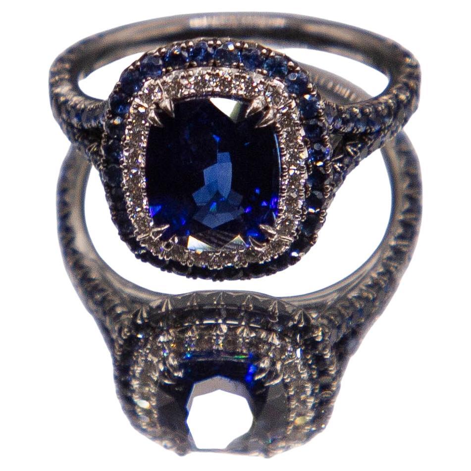 2.77 carat Intense blue Ceylon Sapphire/  1.13cts diamond 950 platinum halo ring For Sale