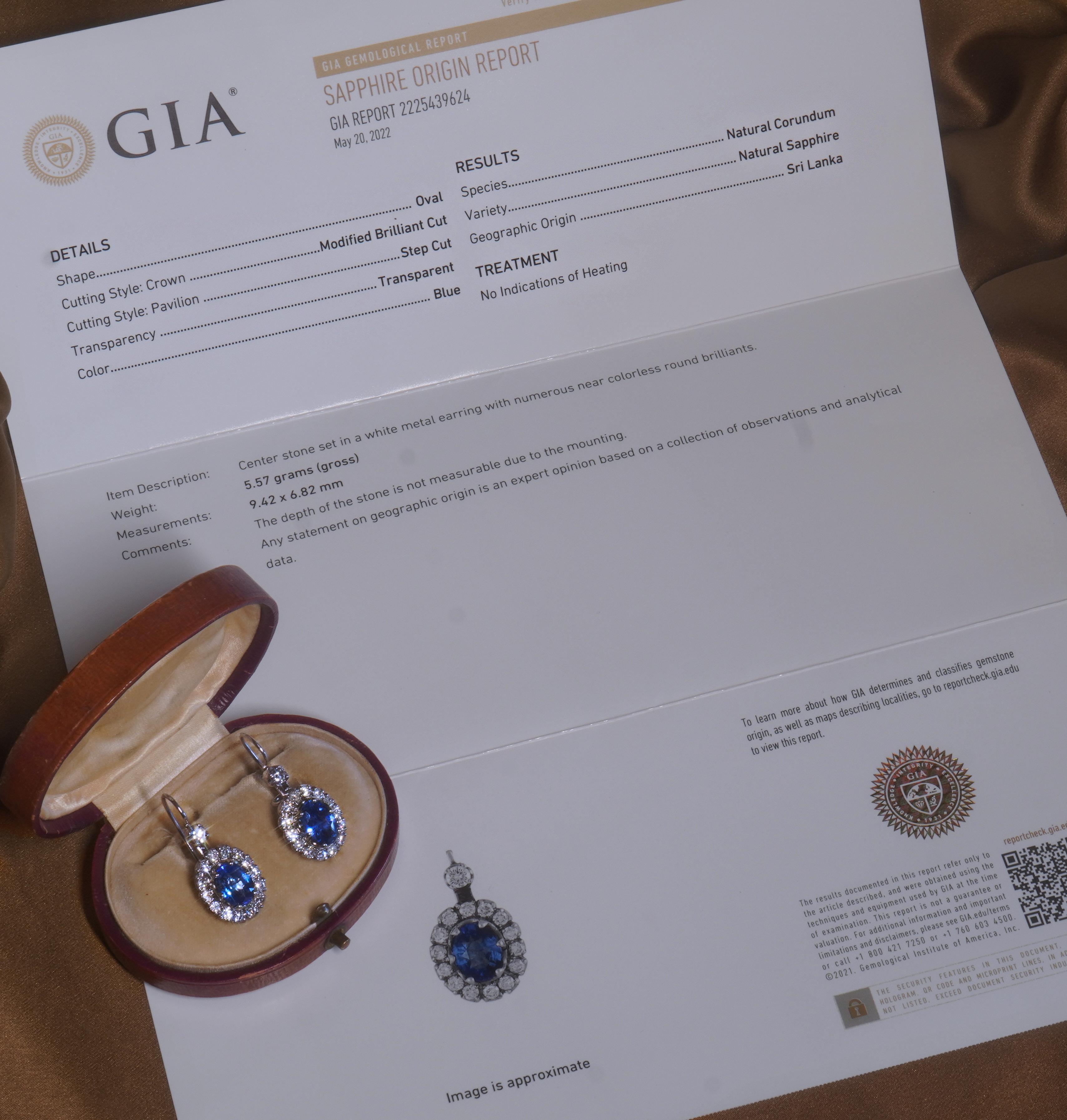 Oval Cut Platinum Sapphire Unheated Diamond GIA Vintage Earrings Sri Lanka Fine 9.12 CTS! For Sale