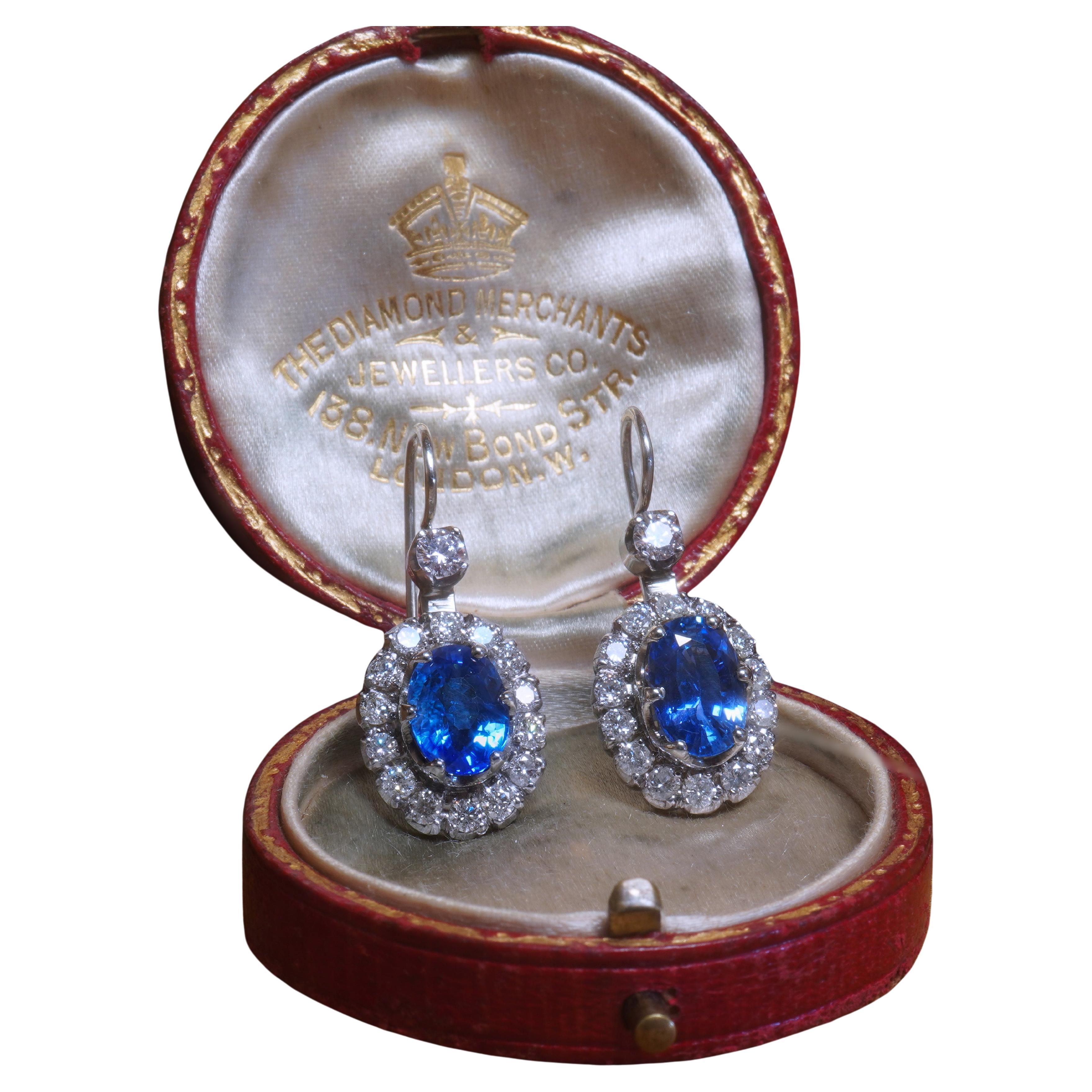 Platinum Sapphire Unheated Diamond GIA Vintage Earrings Sri Lanka Fine 9.12 CTS! For Sale