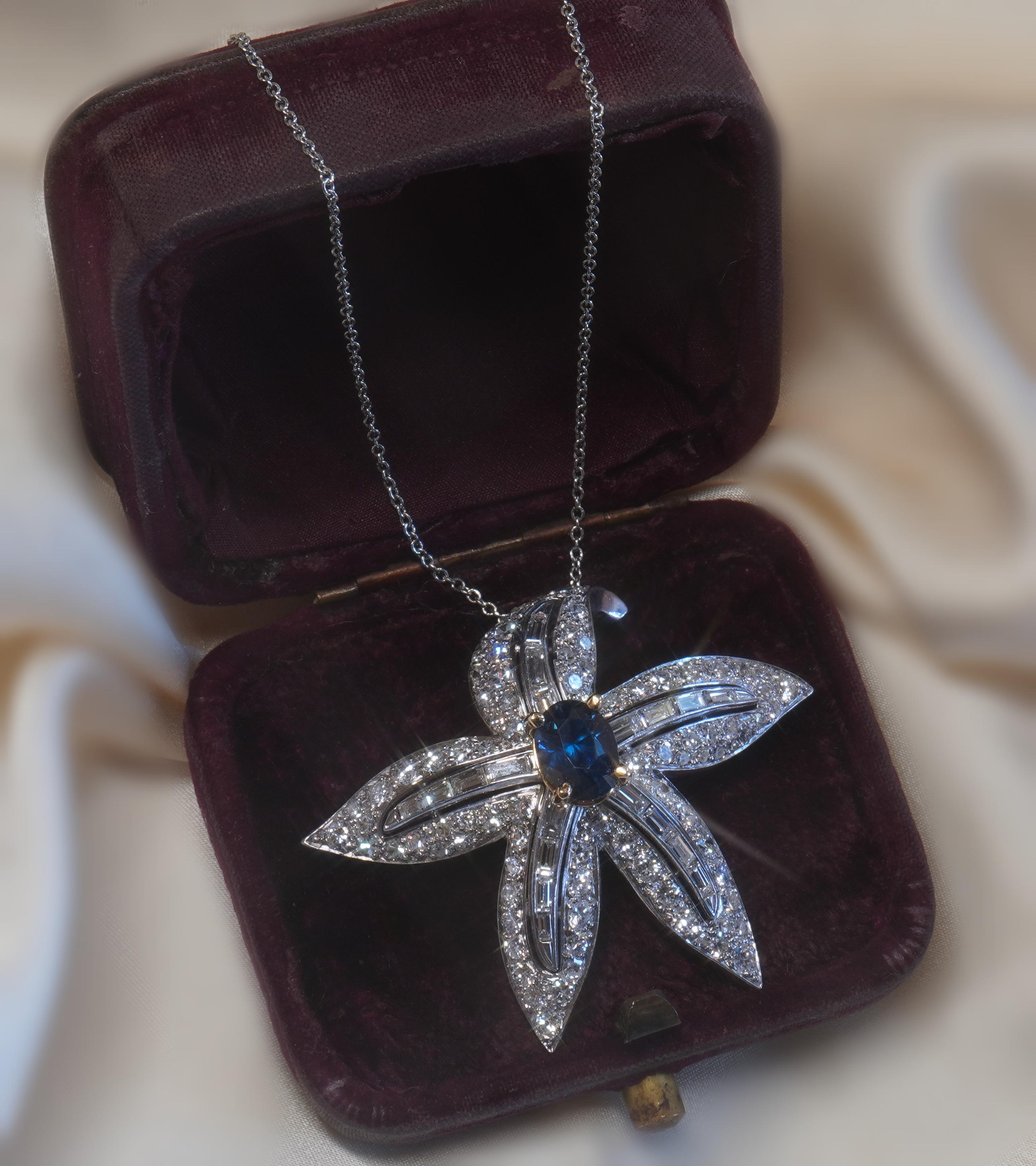 Colgante Platino Zafiro Diamante No Calentado Vintage GIA 18K VS Antiguo 7.53 Cts en venta 1