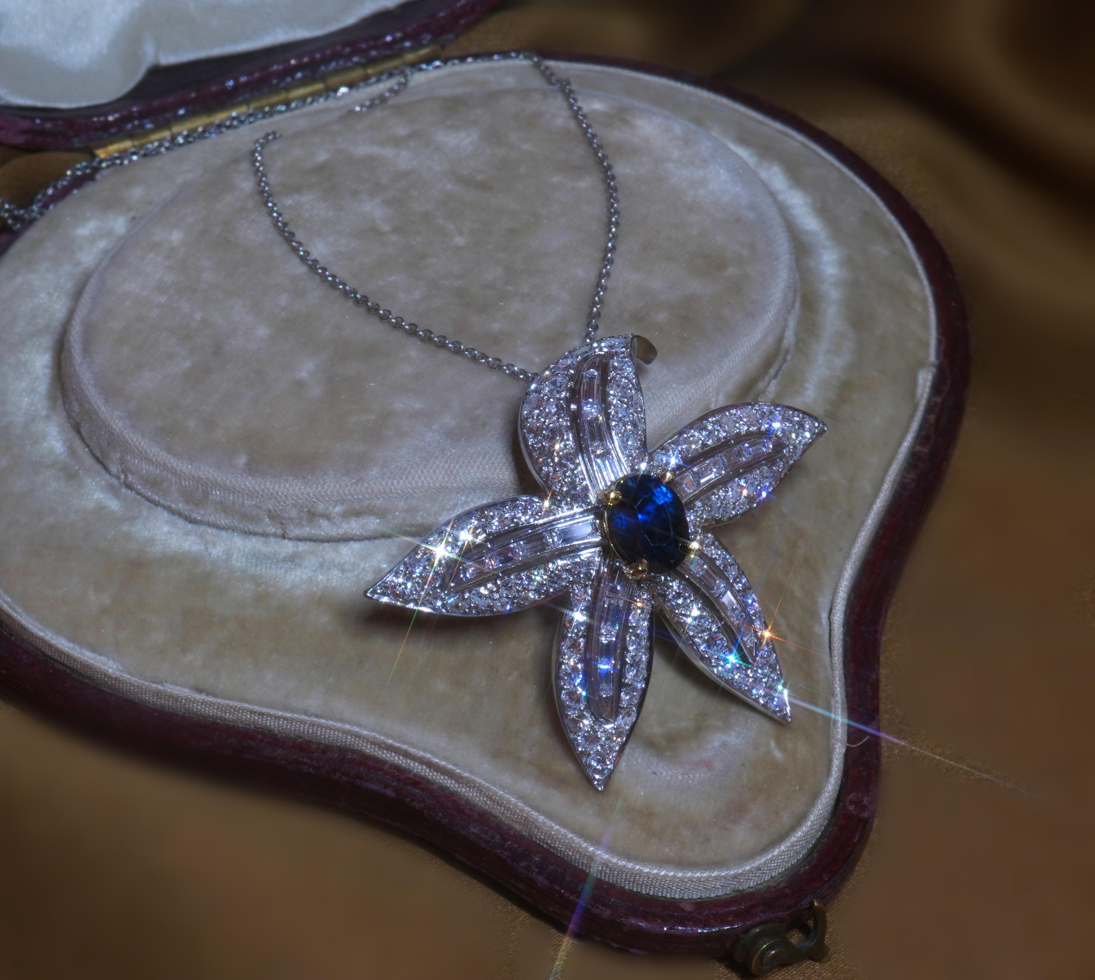 Colgante Platino Zafiro Diamante No Calentado Vintage GIA 18K VS Antiguo 7.53 Cts en venta 2