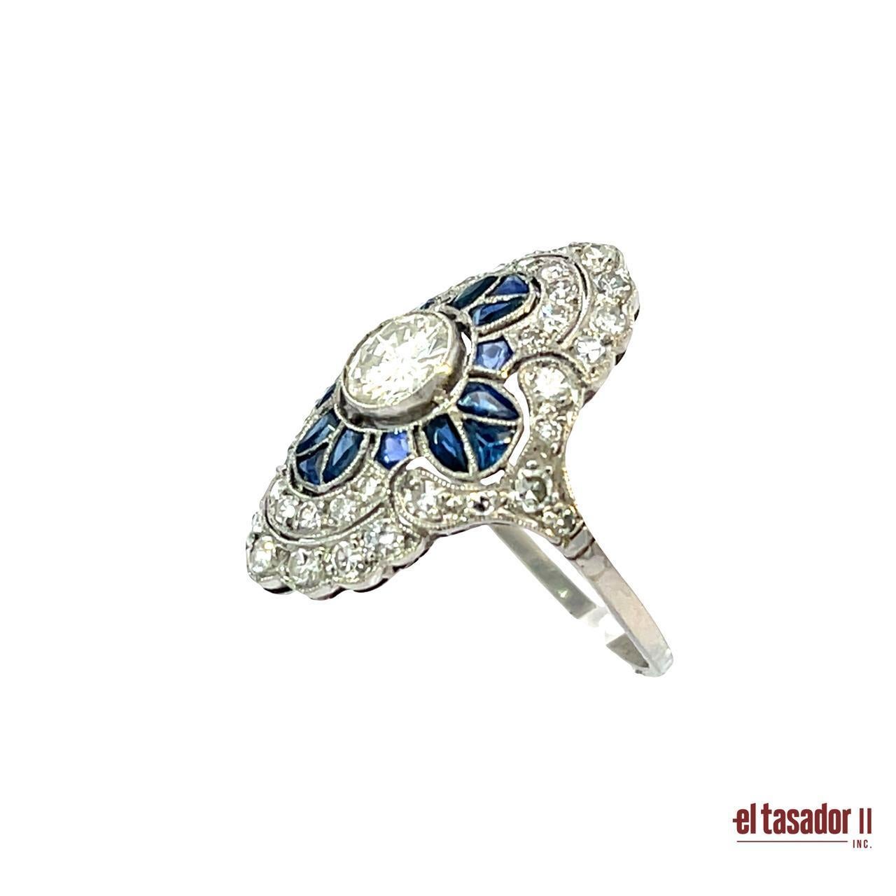 Taglio brillante Anello smerlato in platino con diamanti e zaffiri - 5,4g in vendita