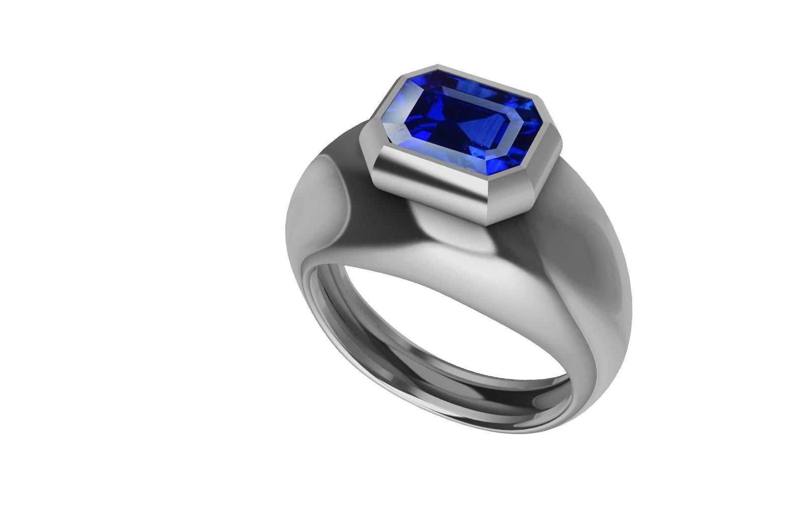 For Sale:  Platinum Sculpture Unisex Ring with 2.48 Carat Emerald Cut Blue Sapphire 2