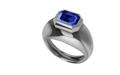 Platinum Sculpture Unisex Ring with 2.48 Carat Emerald Cut Blue Sapphire