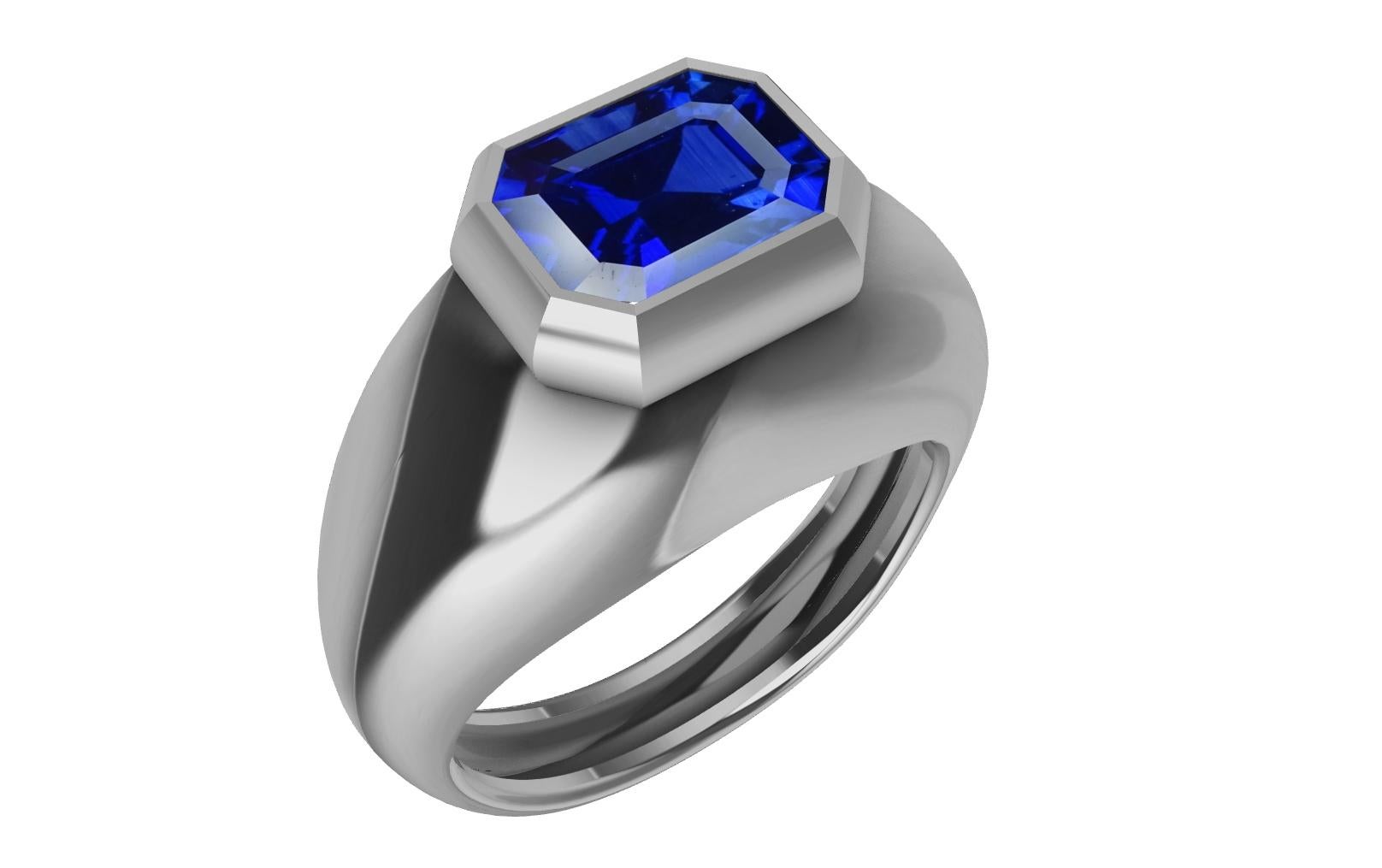 For Sale:  Platinum Sculpture Unisex Ring with 2.48 Carat Emerald Cut Blue Sapphire 6