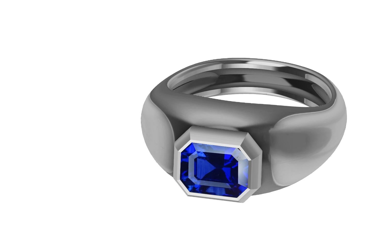 For Sale:  Platinum Sculpture Unisex Ring with 2.48 Carat Emerald Cut Blue Sapphire 7