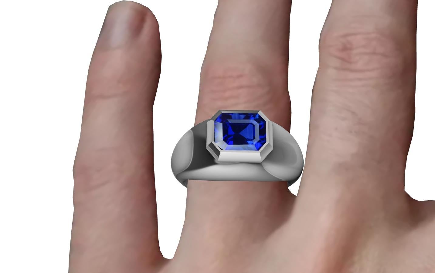 For Sale:  Platinum Sculpture Unisex Ring with 2.48 Carat Emerald Cut Blue Sapphire 9