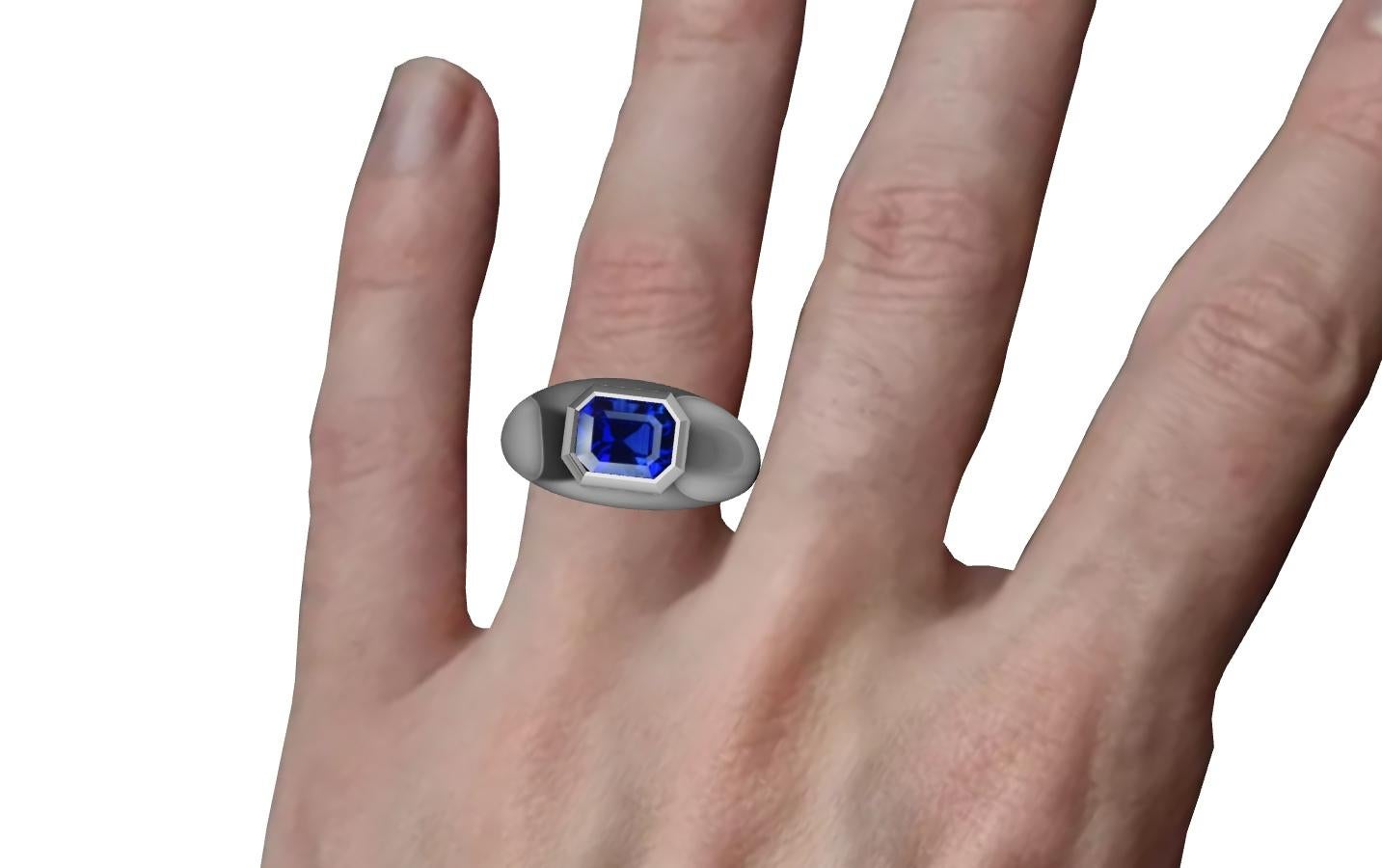 For Sale:  Platinum Sculpture Unisex Ring with 2.48 Carat Emerald Cut Blue Sapphire 10