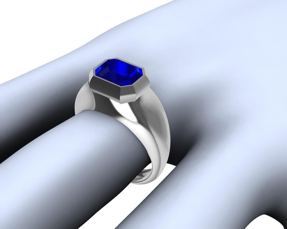 For Sale:  Platinum Sculpture Unisex Ring with 2.54 Carat Emerald Cut Blue Sapphire 10