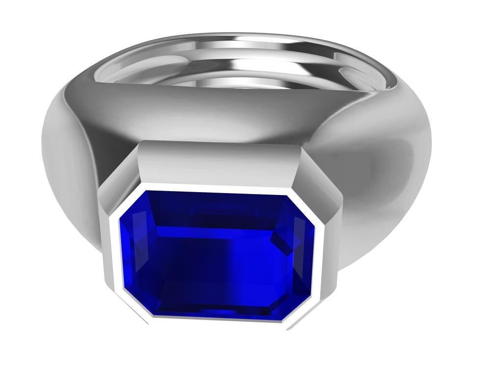 For Sale:  Platinum Sculpture Unisex Ring with 2.54 Carat Emerald Cut Blue Sapphire 3